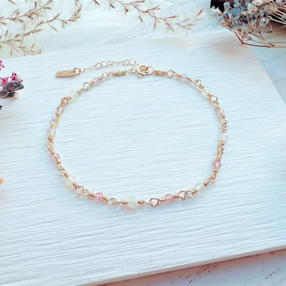 Tiny Ethiopian Opal and Strawberry Quartz Bracelet | Handmade in BC - Picture 2 of 6